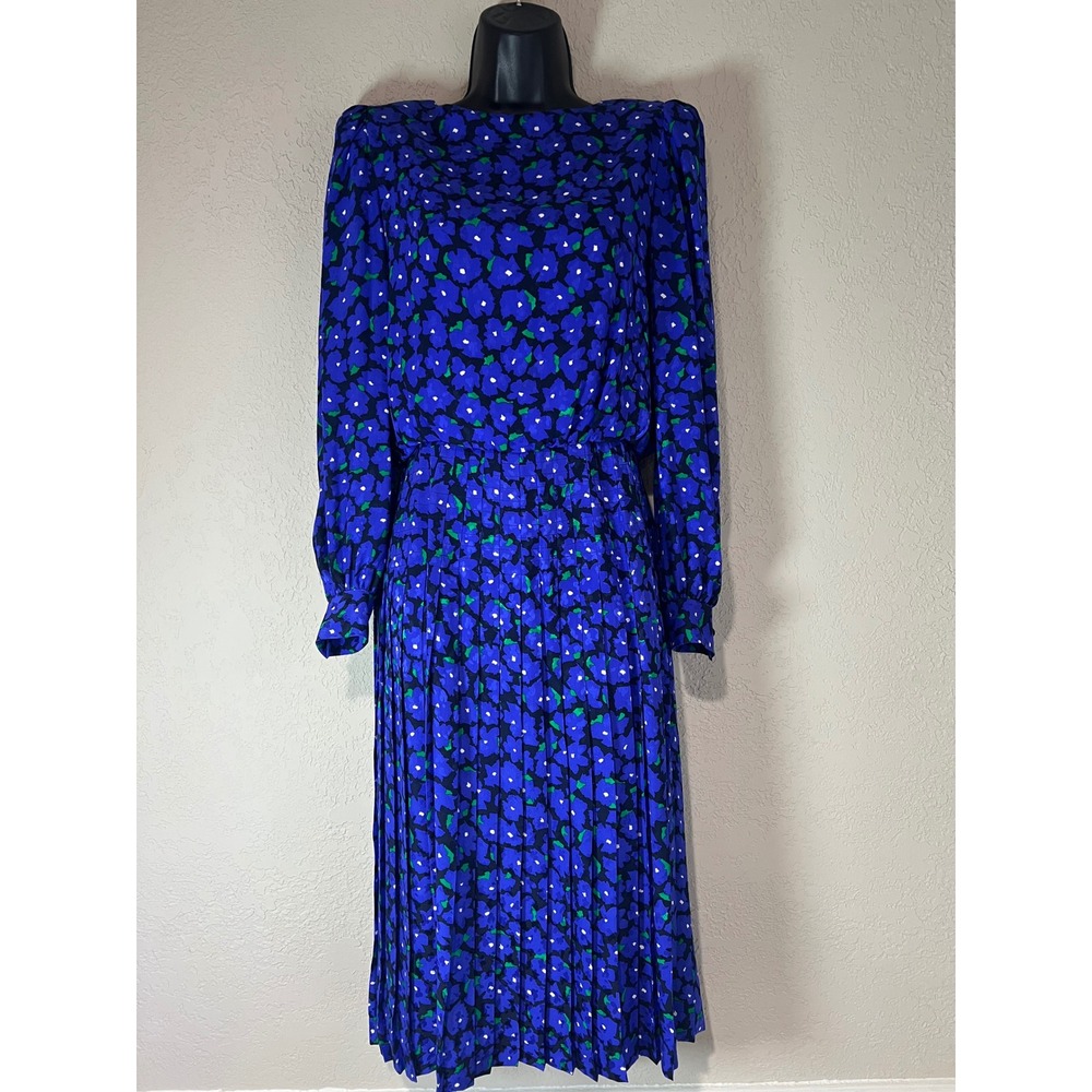 Raul Blanco‎ Silk Dress Womens 4 Blue Floral Vintage with belt Pleated Midi 80s